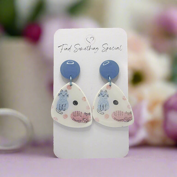 Polymer Clay Earrings - Crazy Cat Print - Blue