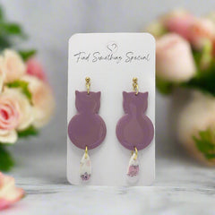 Polymer Clay Earrings - Cat with Swinging Print Tail - Purple