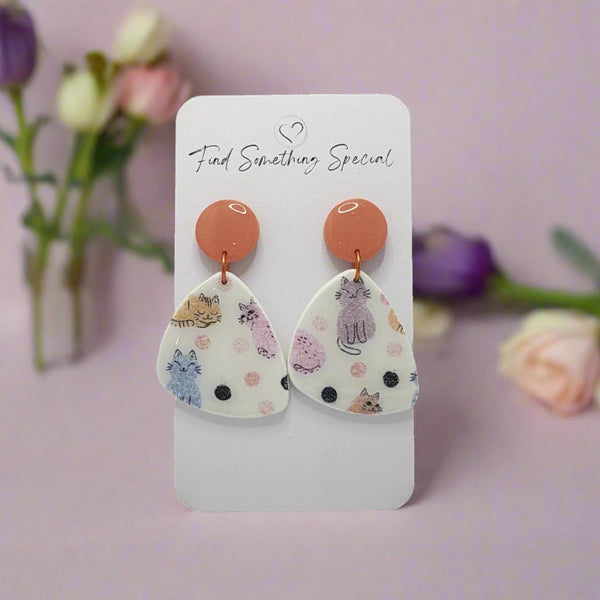 Polymer Clay Earrings - Crazy Cat Print - Orange