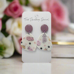 Polymer Clay Earrings - Crazy Cat Print - Purple