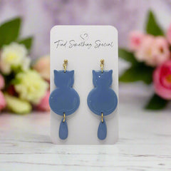 Polymer Clay Earrings - Cat with Swinging Tail - Blue