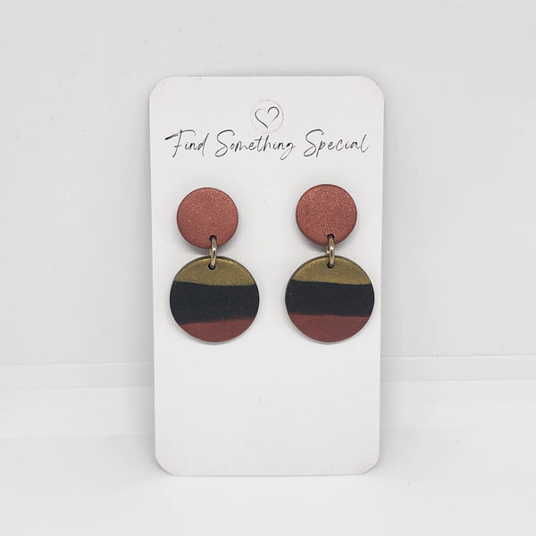 Polymer Clay Earrings Double Circles  - Bronze, Black & Gold