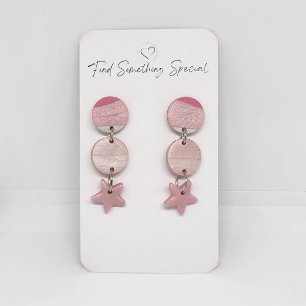 Polymer Clay Earrings 2 Small Circles & Star - Baby Pink