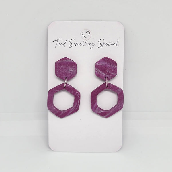 Polymer Clay Earrings Small Double Hexagon  - Purple/White Swirl