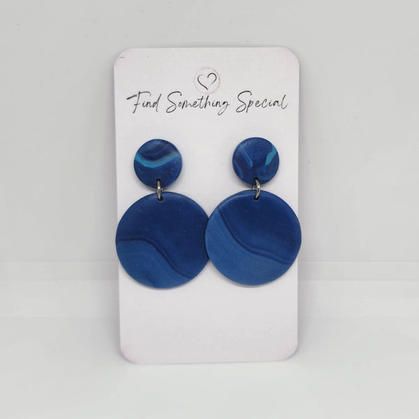Polymer Clay Earrings Small/Big Circles  - Blue Swirl Polished