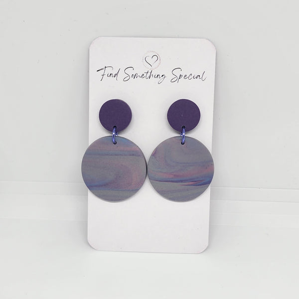 Polymer Clay Earrings Small/Big Circles  - Purple/Grey Swirl