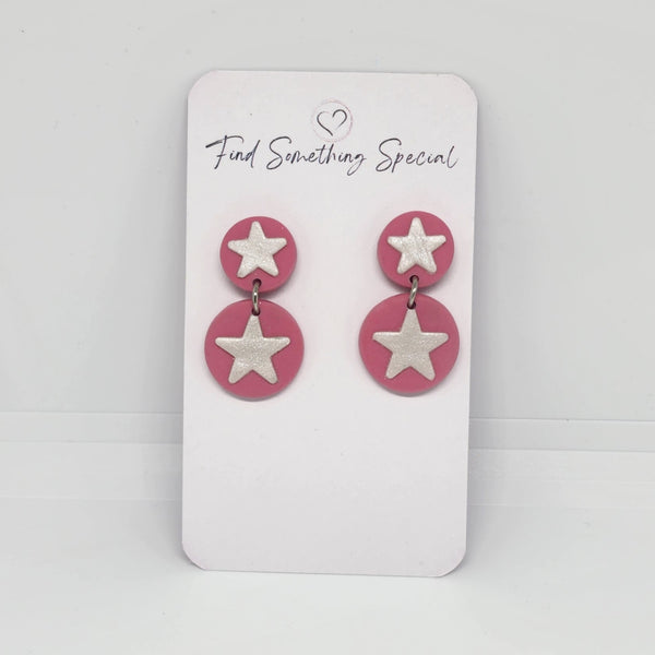 Polymer Clay Earrings Double Circles  - Light Pink with Stars