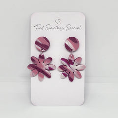 Polymer Clay Earrings Circle/Flower  - Purple/Pink/White Swirl