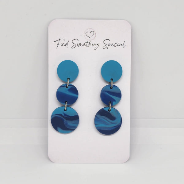 Polymer Clay Earrings Three Circles  - Blue Swirl