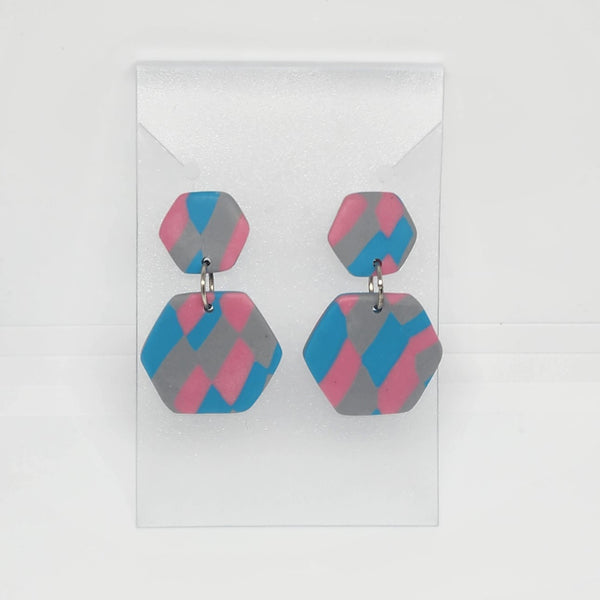 Polymer Clay Earrings Double Hexagons - Pink/Grey Blue Pattern