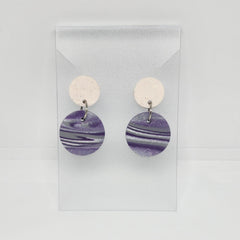 Polymer Clay Earrings Double Circles  - White & Purple Swirl