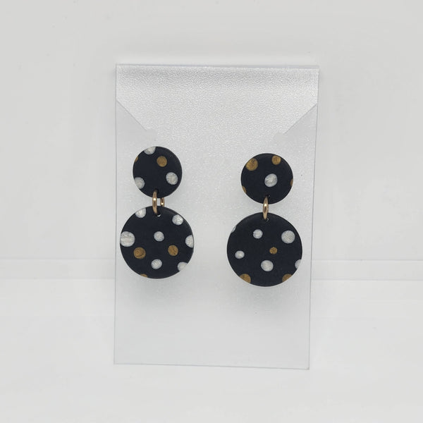 Polymer Clay Earrings Double Circles  - Black with White & Gold Dots