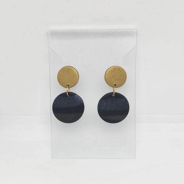 Polymer Clay Earrings Double Circles  - Black & Gold