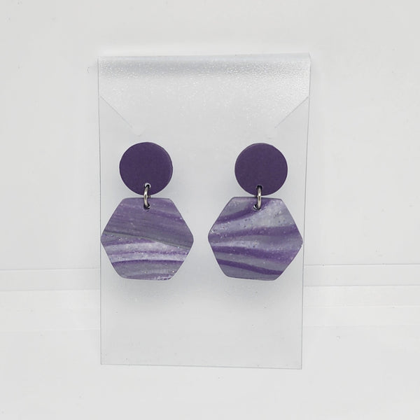 Polymer Clay Earrings Circle/Hexagon - Purple Swirl