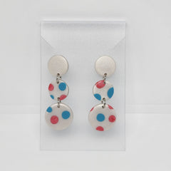 Polymer Clay Earrings Three Circles  - White with Blue & Red Dots