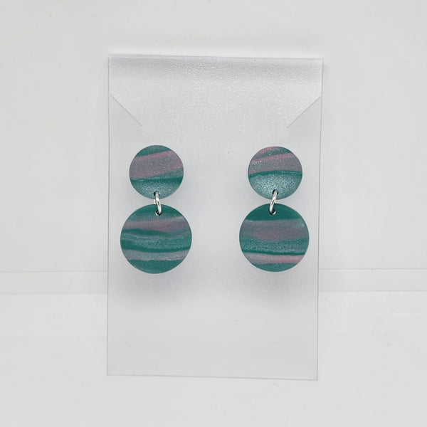Polymer Clay Earrings Double Circles  - Pink & Green Swirl