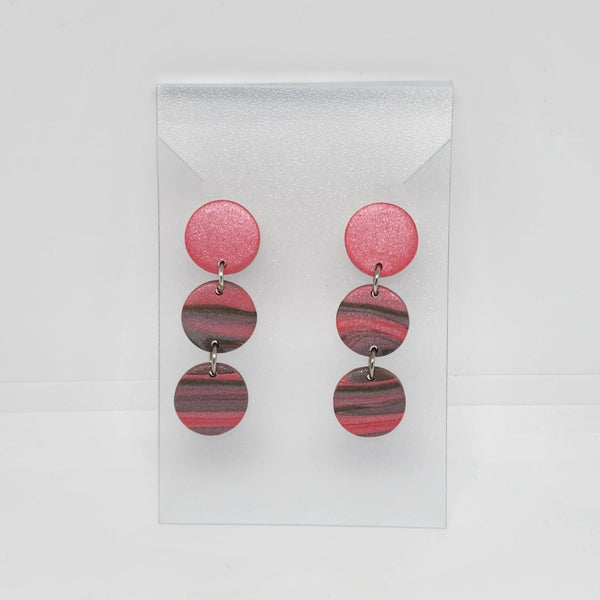 Polymer Clay Earrings Three Small Circles  - Coral With Gold/Grey Swirl