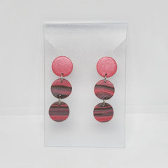 Polymer Clay Earrings Three Small Circles  - Coral With Gold/Grey Swirl