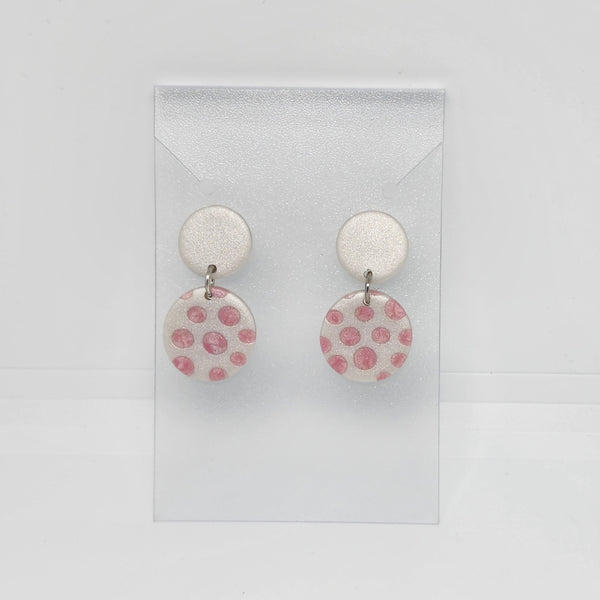Polymer Clay Earrings Double Circles  - White with Pink Dots