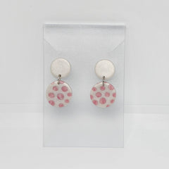 Polymer Clay Earrings Double Circles  - White with Pink Dots