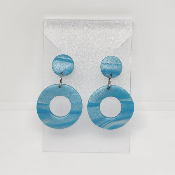 Polymer Clay Earrings Hollow Circles  - Sky Blue Swirl