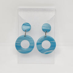 Polymer Clay Earrings Hollow Circles  - Sky Blue Swirl