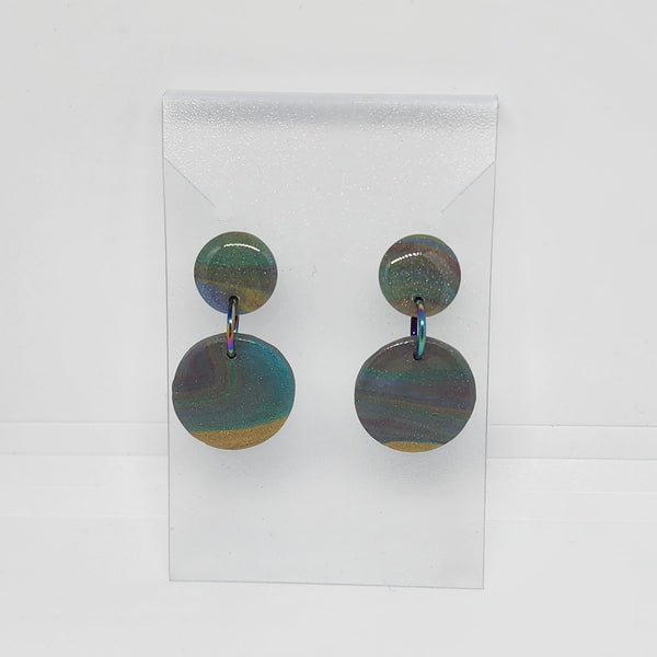 Polymer Clay Earrings Circle/Med Circle  - Rainbow with Gold