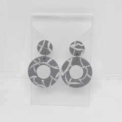 Polymer Clay Earrings Hollow Circles  - Grey with White Webbing