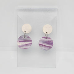 Polymer Clay Earrings Double Circles  - White & Pink Swirl