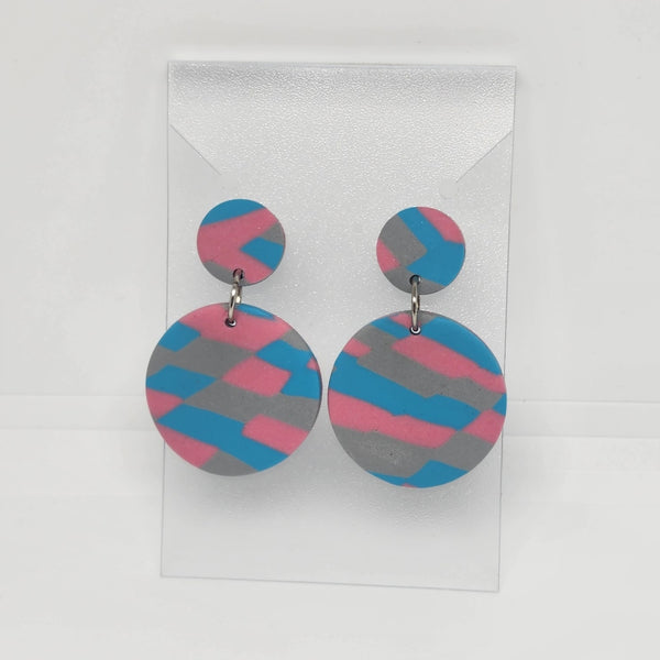 Polymer Clay Earrings Small/Big Circles  - Pink/Blue/Grey Pattern