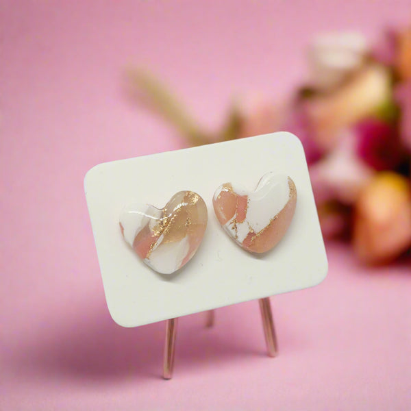 Polymer Clay Earrings - Luxury - Pink Gold and White - Heart Studs