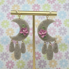 Polymer Clay Earrings - Moon with Dangles - Floral