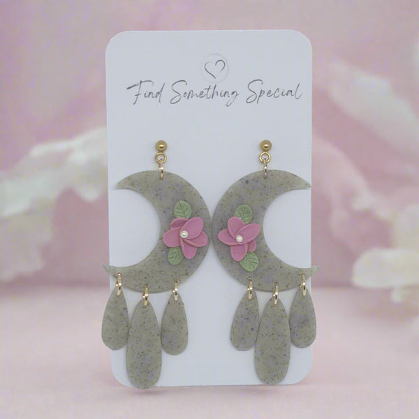 Polymer Clay Earrings - Moon with Dangles - Floral