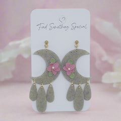 Polymer Clay Earrings - Moon with Dangles - Floral