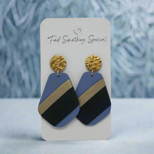 Polymer Clay Earrings - Trapezium Stone with Black/Gold Stripe