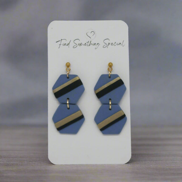 Polymer Clay Earrings - Double Hexagon Stone with Black/Gold Stripe