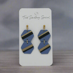 Polymer Clay Earrings - Double Hexagon Stone with Black/Gold Stripe