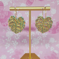 Polymer Clay Earrings - Green and Gold Leaf on Hoops