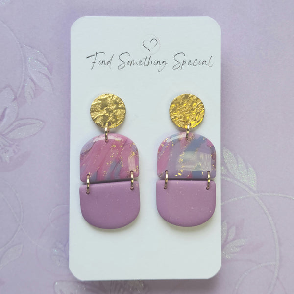 Polymer Clay Earrings - Belle - Pink Purple & Gold - Arcs with Matte