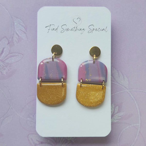Polymer Clay Earrings - Belle - Pink Purple & Gold - Arcs with Gold