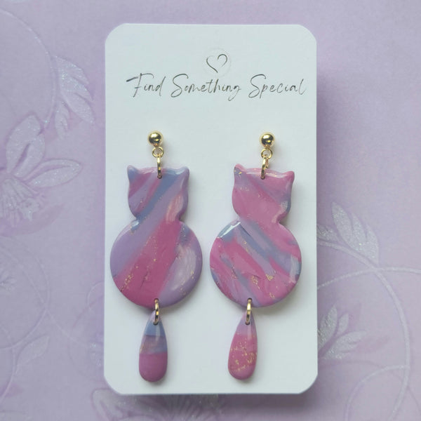 Polymer Clay Earrings - Belle - Pink Purple & Gold - Cat