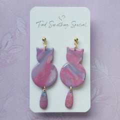 Polymer Clay Earrings - Belle - Pink Purple & Gold - Cat