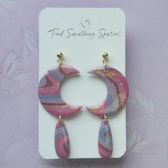 Polymer Clay Earrings - Belle - Pink Purple & Gold - Moon Dangles