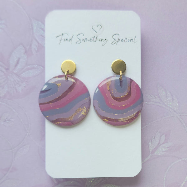 Polymer Clay Earrings - Belle - Pink Purple & Gold - Large Circles