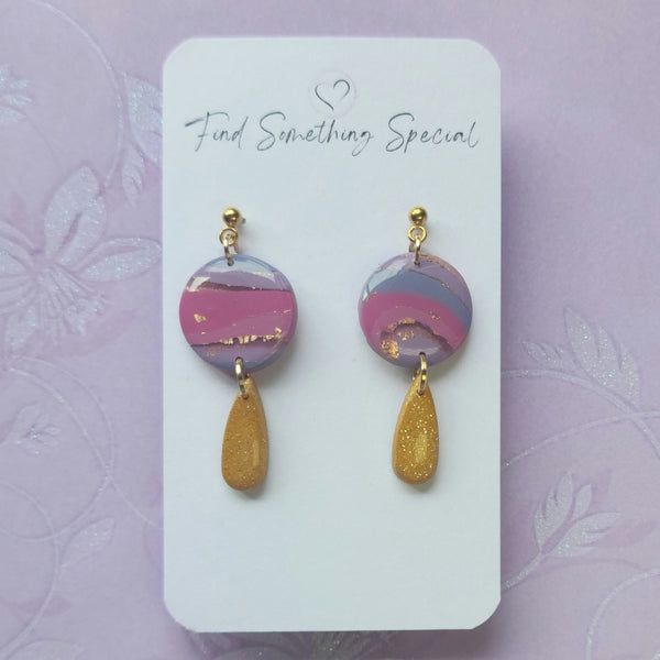Polymer Clay Earrings - Belle - Pink Purple & Gold - Circles with Gold Dangles