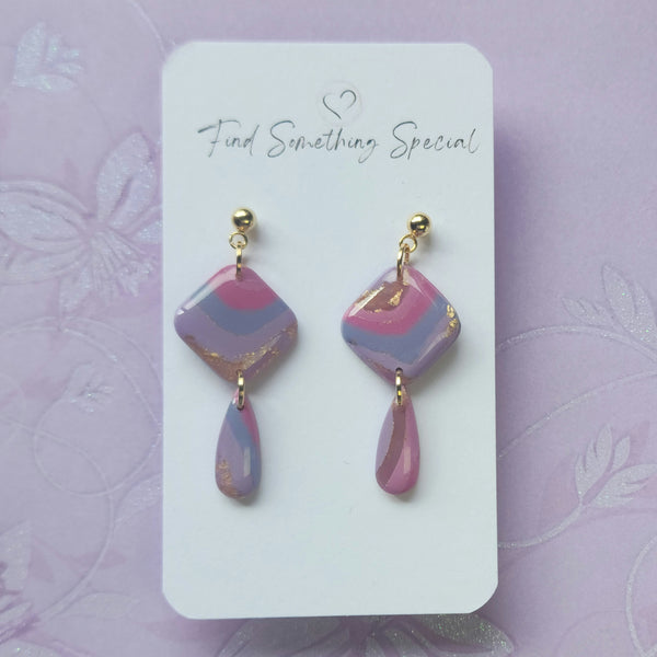 Polymer Clay Earrings - Belle - Pink Purple & Gold - Diamond Dangles