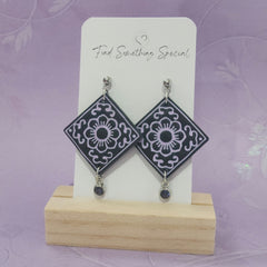 Polymer Clay Earrings - Decorative Tile with Charm