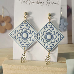 Polymer Clay Earrings - Decorative Tile with Charm