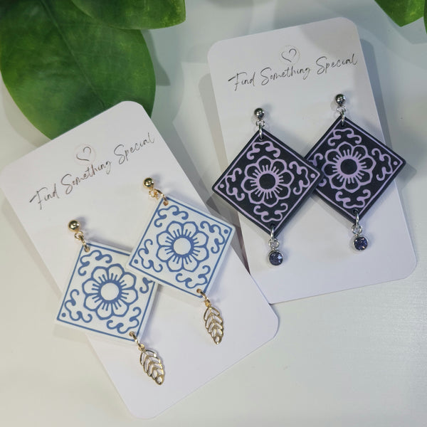 Polymer Clay Earrings - Decorative Tile with Charm