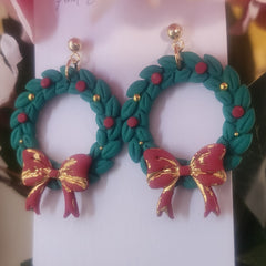 Polymer Clay Earrings - Traditional Christmas Wreath